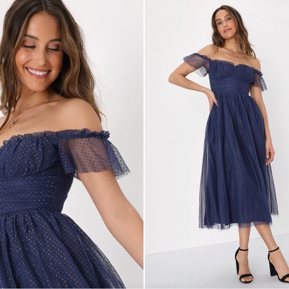 LULU's Prom Wedding Boho Corset Swiss Dot Tulle Chic Midi Dress NWOT - Picture 1 of 4